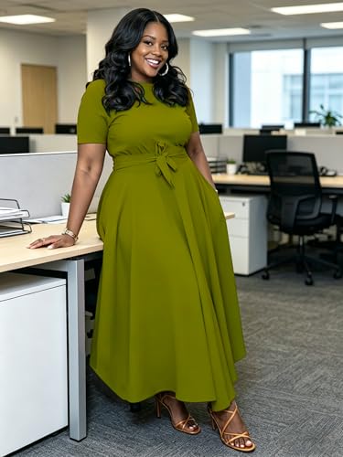 Image of Hostoyo Women Plus Size Formal A Line Maxi Dress Self Tie Waist with Pockets Elegant Round Neck Swing Long Dresses