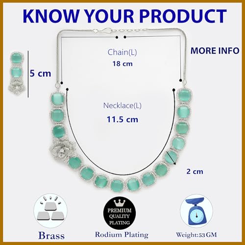 Image of ZENEME Jewellery Set Classic Style Rhodium Plated AD /American Diamond Studded Silver Plated Bejeweled Rose Necklace Jewellery Set for Women & Girls