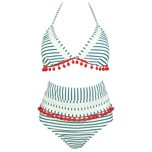 Viloree - Conjunto de bikini para mujer, diseño de cuello en V, triángulo, cintura alta, 2 piezas, Verde rayado, S Taille Tall