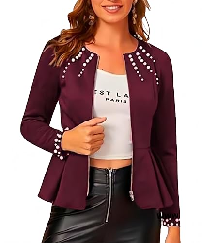 LifeShe Women's Pearls Blazer Work Office Crewneck Zipper Ruffle Hem Dressy Peplum Jackets