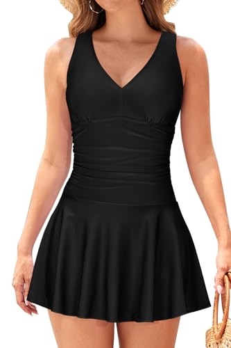 SHEKINI Women's Back Crisscross Swimdress Tummy Control One Piece Skirt Swimsuit
