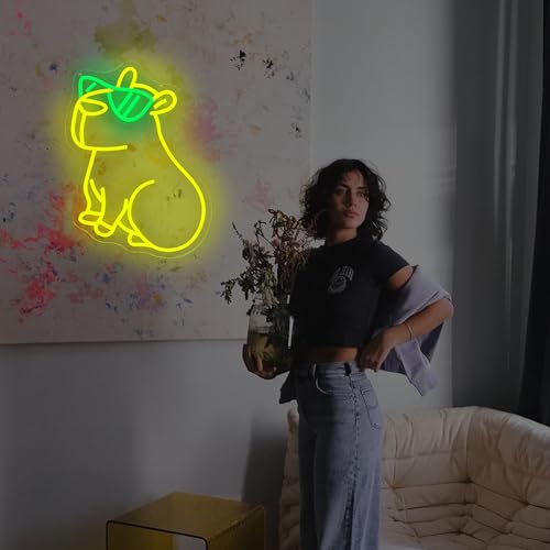 Image of Yellow Capybara Neon Sign USB Powered for Wall Decor, Capybara Neon Night Light Sign Dimmable for Children's Room Party Decor Capybara Lover Birthday Gifts