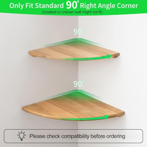Image of Corner Shelf, Solid Oak Wood Floating Corner Shelf Wall Mount Round End Floating Speaker with Wire Hole for Small Plant Photo for Bedroom Kitchen, Living Room