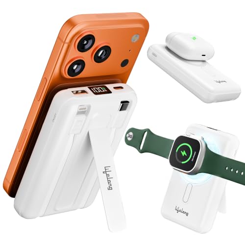 Image of Lifelong Electronics 10000mAh MagSafe Wireless Power Bank | 2 Cables - Lightning & Type C - for Wired Fast Charging | Powerbank for iPhone, iWatch and All Qi Enabled Phones & Devices | Display & Stand