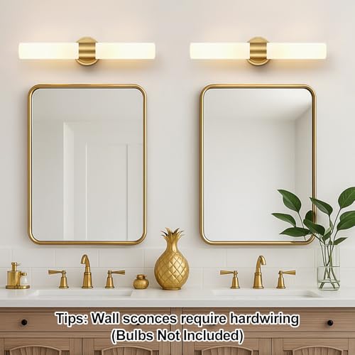 Image of Hardwired Wall Sconces Set of Two, Modern Bathroom Sconces Wall Lighting with Milky White Glass, Brushed Gold Sconces Wall Decor Set of 2 for Bathroom Mirror Bedroom Living Room Hallway