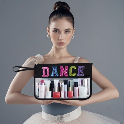 Makeup Bag,Letter Clear Makeup Bag Letter Patch Cosmetic Bag,Toiletry Pouches with Double Zipper Waterproof Travel Purse Teacher Nurse Dancer Gift (Black Dance)4