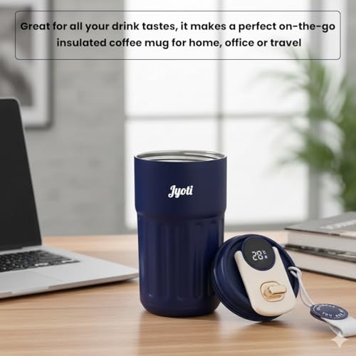 Image of Giftana Personalized Tumbler with LED Temperature Display, Customized Stainless Steel Coffee Mug with Secure Lid & Carrying Strap (Blue, 420ml)