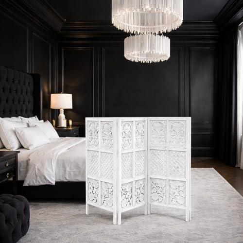 Image of Wooden Room Wall Partition /Divider /Separator 3 Panel for Home Decor /Living Room /Bedroom /Office /Kitchen, 4 Feet, White