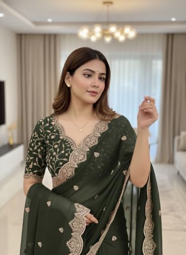 Image of Yashika Women Vichitra Silk Saree with Embroidered Border| Sarees Bollywood Sari | New Sarees | Saree Blouse| Designer Saree (AZ-YS-OG-LADYQUEEN-Parent)