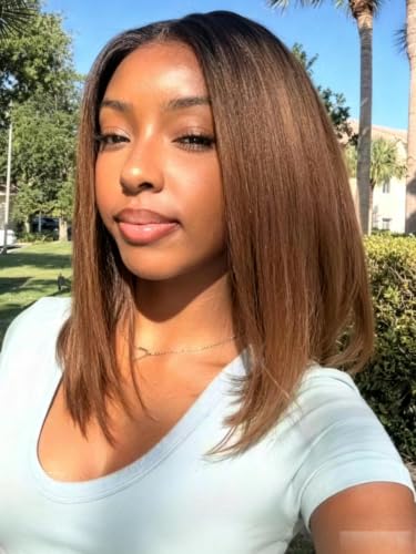 KLAIYI Bye Bye Slip™ Ombre Chestnut Brown Glueless Precut 7x5 Yaki Straight Bob Wig Human Hair Drawstring Pre Plucked Bleached Knots Pre Everything 30S Ready to Wear and Go Wig with Dark Roots 12Inch