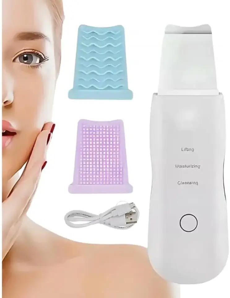 Peeling Ultrassônico Facial Portátil, Limpeza e Ionização, 24mHz, com 2 Cabeças de Silicone, Recarregável USB