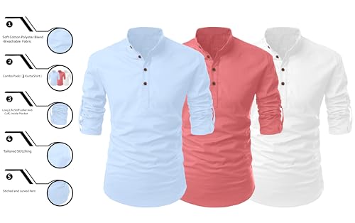 Image of FINIVO FASHION Combo of Men's Cotton Blend Solid Regular Fit Full Sleeve Straight Short Kurta Shirt, Casual and Formal Wear