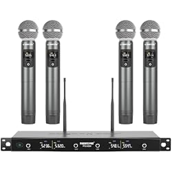 Phenyx Pro Wireless Microphone System, Metal Wireless Mic Set with 4 Cordless Mics, 4x25 UHF Adjustable Frequencies, 200ft Range, Dynamic Microphones for Singing, Karaoke, Church, DJ (PTU-5200-4H)