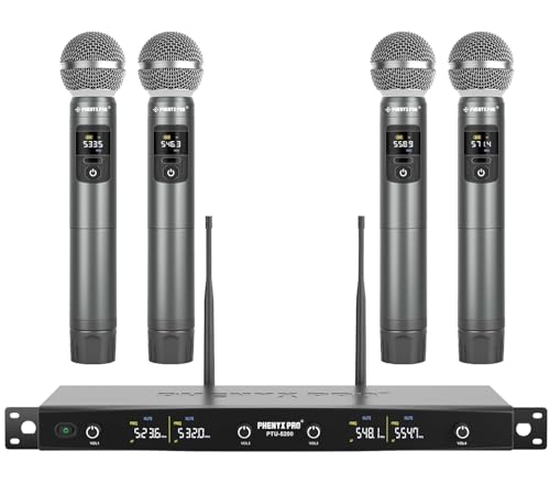 Phenyx Pro Wireless Microphone System, Metal Wireless Mic Set with 4 Cordless Mics, 4x25 UHF Adjustable Frequencies, 200ft Range, Dynamic Microphones for Singing, Karaoke, Church, DJ (PTU-5200)