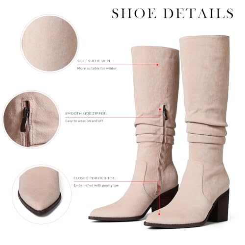 VOMIRA Knee High Boots Women Suede Boots Pointy Toe Chunky Block Heels Side Zipper Wide Calf Boots Fashion Dress Tall Boots Fall Winter Long Boots3