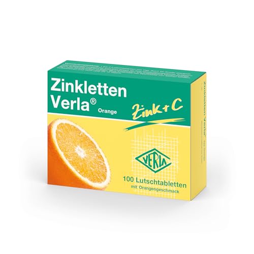 Zinkletten Verla Orange – 5 mg Zink in Form von Zinkcitrat+ 30 mg Vitamin C zum Lutschen und Kauen, für die tägliche Zinkversorgung, mit Orangengeschmack, vegan, glutenfrei, ohne Lactose, 100 St