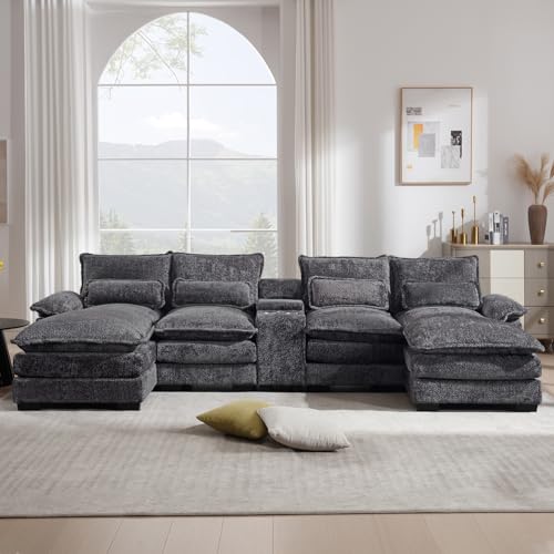 KIVENJAJA 123” Modular Sectional Couch with Console, Cup Holders and USB Ports, Modern U-Shaped Cloud Sofa w/Double Chaise & Deep Seat for Living Room, Chenille, Grey - Thumbnail 6
