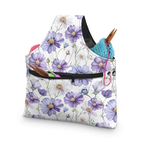 Image of KUIFORTI Purple Flower Knitting Tote Bag Yarn Bag Lightweight for Crocheting on The Go, Travel Project Wrist Storage for Knitting Needles, Crochet Supplies Portable