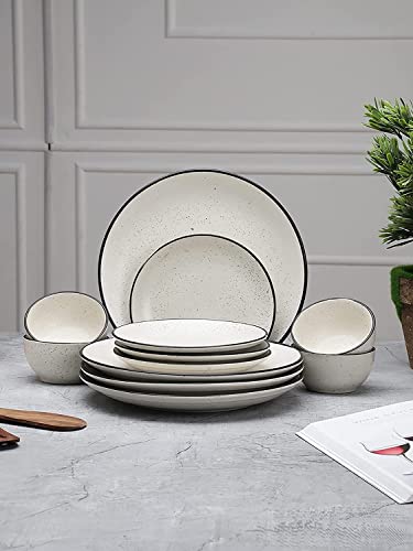 The Decor Lane Ceramic Handcrafted White Dotted Dinner Set | Dinnerware Set | 4 Full Plates, 4 Quarter Plates & 4 Bowls (Katori) (12 Pieces Set)
