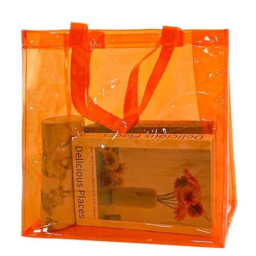 Stadium Clear Tote Bag, Portable PVC Handbag with Handles, Transparent Solid Construction (Orange)