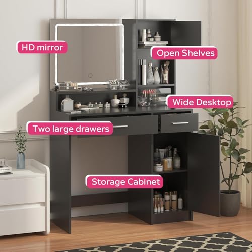 Image of Palimder Vanity Desk with Mirror & Light, Large Drawer Three Level Storage Dresser, 3 Lighting Modes Adjustable Brightness, Bedroom Dressing Table