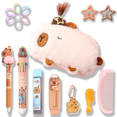 Image of KEYDUACU Cute Water Cavy Pencil Case with Hairstyle Kit, Large Capacity Water Guinea Pig Cute Animal School Supplies Bag with Pencil Set & 10-Color Pen(Beige)
