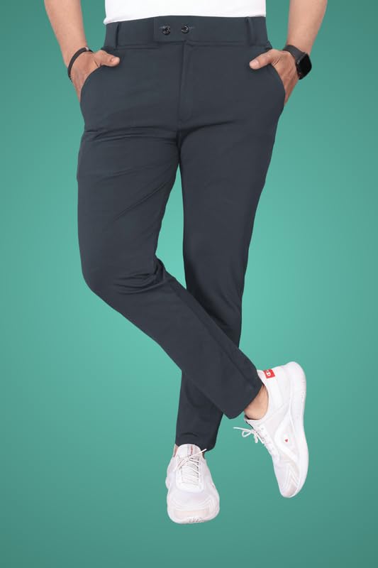 Image of Men Fit Stretch Trousers with Side Pockets | 2-Button Closure | Soft Lycra Blend for Casual & Formal Use
