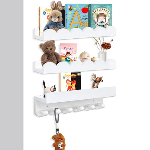 Rainmae Mensole per libri da parete per camera da letto per bambini con ganci, 40 cm, mensole smerlate per asilo nido...