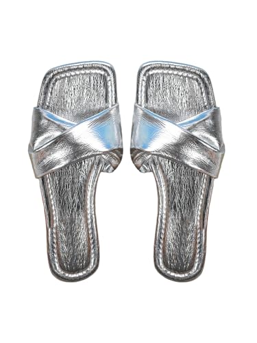 GORGLITTER Women's Silver Sandals Criss Cross Slip on Sandals Square Toe 2025 Trendy Vacation Sandals - Main Image