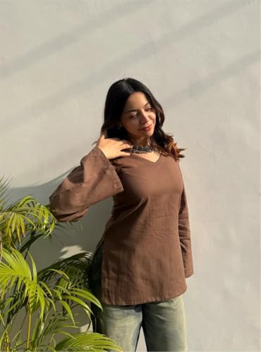 Image of ANNI Designer Short Kurti for Women Solid Design | V Neck Full Sleeve Kurti Tops for Women | Stylish Kurtis & Short Kurtis for Woman | Casual Kurti with Jeans | Kurtas for Woman