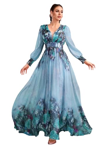 Image of TOLEEN Summer Casual Dresses for Women 2024 Spring Fashion Boho V Neck Long Sleeve Ruffle Floral Print Elegant Maxi Dress