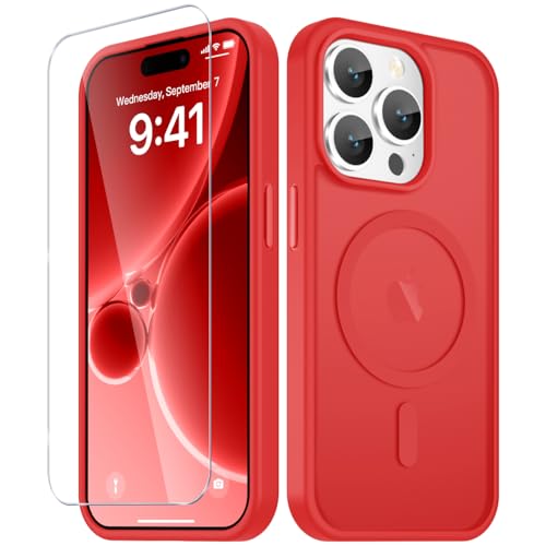 Image of YENAPOON for iPhone 15 Pro Case, Matte Magnetic Phone Cover [with 1 Screen Protector] [Support for MagSafe] [Shockproof Military Grade Protection] Translucent Frosted Back, Red