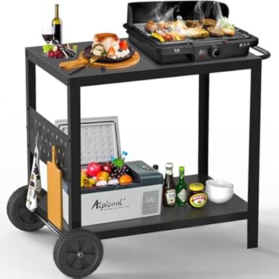 MEXMIODY Grill Table with Double-Shelf, Movable Pizza Oven Stand Table, Outdoor Kitchen Island, Grill Cart for Blackstone Griddle 17"/22", Ninjia Grill (5 Utensil Hooks Included)