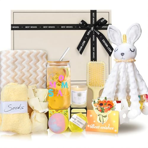 Image of New Mom Gift Box Set - 11PCS Unisex Luxury Spa & Baby Essentials in Elegant Box | Bunny Lovey, Changing Pad, Socks - Baby Shower & Postpartum Care Package for Expecting Moms