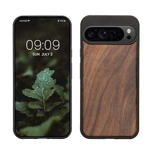 kwmobile Real Wood Case Compatible with Google Pixel 9 Pro XL Case - Hard Wooden Cover w/TPU Bumper - Dark Brown Walnut