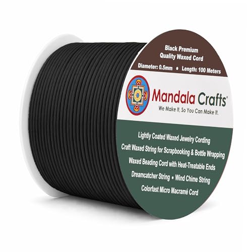 Mandala Crafts 0.5mm Black Cotton Waxed Cord for Jewelry Making 109 Yards Waxed Cotton String for Decorative Knotting and Accessory Assembly