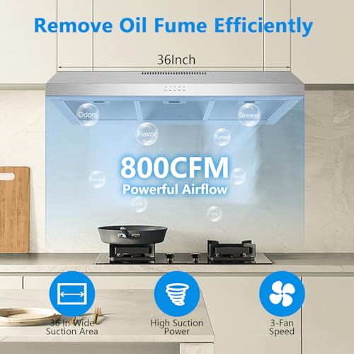 Image of Upgraded 800 CFM Range Hood 36 Inch, Under Cabinet Range Hood for Duct /Ductless Convertible, Stainless Steel Kitchen Stove Vent with 3 Speed Kitchen Exhaust Fan and Two Bright Energy-Saving LED Light