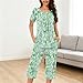 Auwer Womens Fashion Summer 2 Pc Pajamas Round Neck Short Sleeve Pleats Loose Capri Pants Printed Sleepwear with Pockets Green