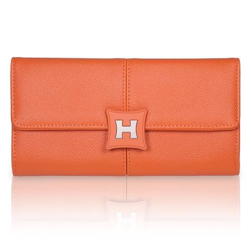 Starvortex PU Leder Portemonnaie Damen, Stilvolle Orange Geldbörse Damen Viele Kartenfächer, Frauen Geldbörsen Groß, Brieftasche Magnetische Lange Damenportemonnaie Geschenk