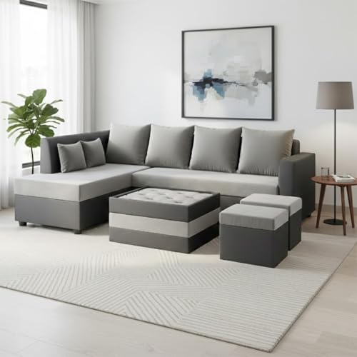 Image of CASASTYLE Stylify 8 Seater Fabric LHS L Shape Sofa Set with 1 Centre Table & 2 Ottoman (Light Grey-Dark Grey) 8 Person Seating with Premium Velvet Finish | Ideal for Living Room