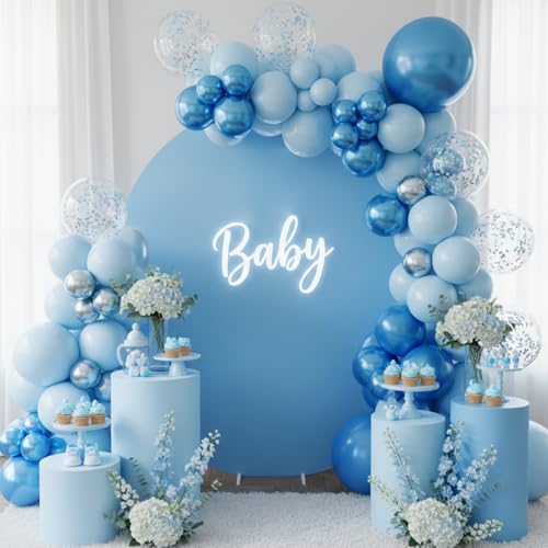 Image of RUBFAC Metallic Blue Balloons 129pcs Different Sizes Pack of 18 12 10 5 Inch, Latex Chrome Blue Balloon Garland Arch Kit for Wedding Baby Shower Birthday Party Graduation Decorations