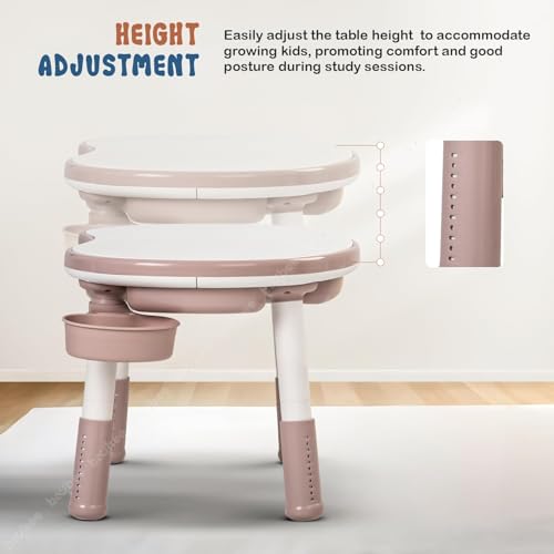 Image of BAYBEE DreamDesk Kids Study Table for Students with Chair 6 Height Adjustable Table | Desk & Chair Set for Kids at Home or School | Reading & Writing Study Table for Kids 2 to 10 Years (White Pink)