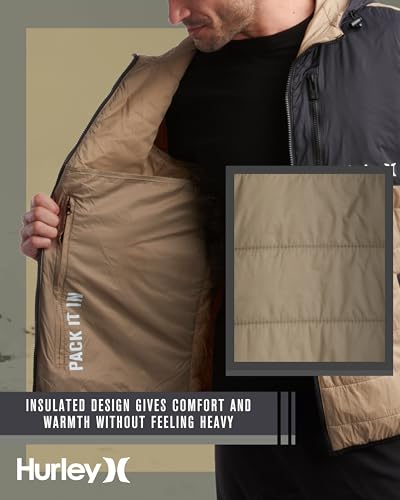 Image of Hurley Mens Puffer Jacket - Lightweight Packable Insulated Winter Coat for Men - Weather Resistant Quilted Outdoor Jacket