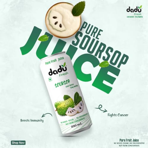 Image of Dadu Fresh Soursop Juice - Pure Fruit Healthy Beverage, No Added Sugar, All-Natural Drink Packed with Antioxidants and Vitamin C - Supports Immunity and Wellness | 250 ML Can | (Pack of 4) (Pack of 4, Soursop Juice)