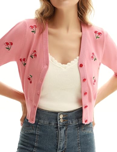Image of Belle Poque Women's 3 /4 Sleeve V-Neck Button Down Cherries Embroidery Cropped Cardigan Sweater Coat