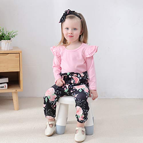 Image of SANMIO Toddler Girl Clothes Cute Ruffle Sleeve Shirt Floral Pants Headband | 3Pcs Fall Winter Outfits Kids Girls Clothing Set 1-6T