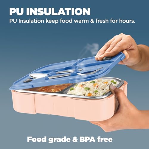 Image of Milton Ethan 2 Inner Stainless Steel Tiffin Box for School, 2 Partition, Steam Release Plug | PU Insulated, Leak-Proof, Food Grade I Lunch Box for Kids Boys, Girls with Snap Lock Lid,650 ml, Dark Blue
