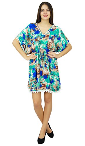 Bimba Womens Short Printed Caftan with Pom-Pom Beach Cover Up Designer Drawstring Kaftan - Main Image