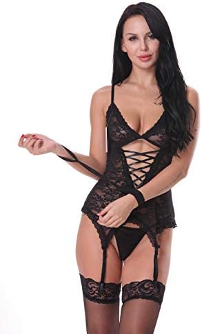 EVAbaby Sexy Lace Garter Lingerie Set Handcuff Corset Bodysuit for Woman Black M