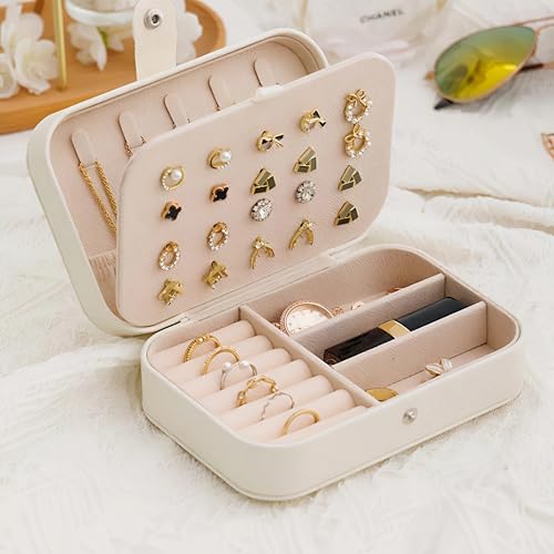Image of Lazer Accessories Jewellery Organiser PU Leather Zipper Portable Storage Box Case with Dividers Container for Rings, Earrings, Necklace Home Organizer | Cream White